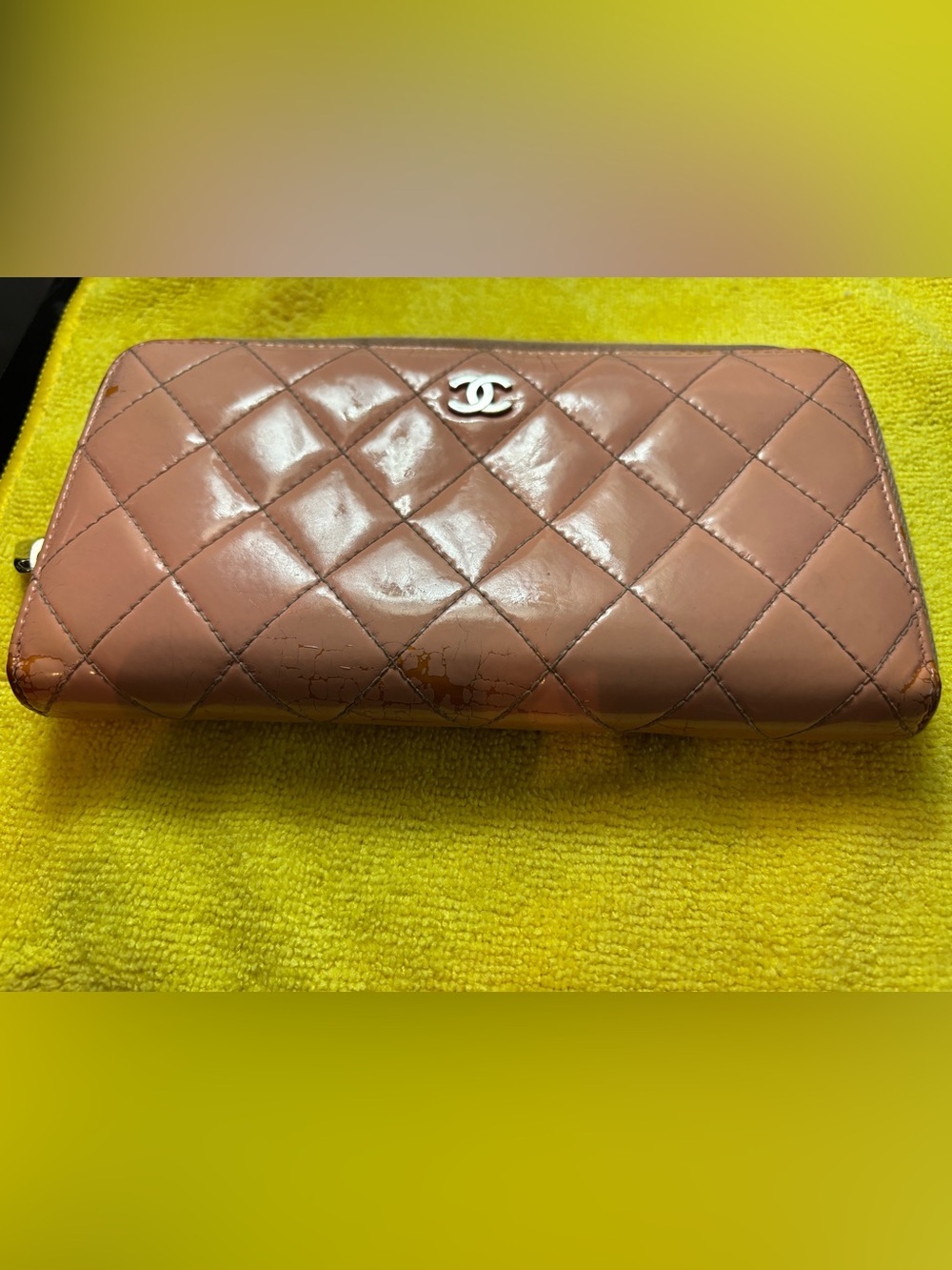 Authentic Chanel Matelasse Brilliant Patent Leather Zip Around Long Wallet Pink